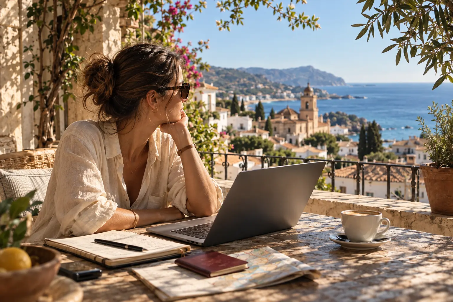 Une femme prépare son projet d’installation en Espagne depuis une terrasse